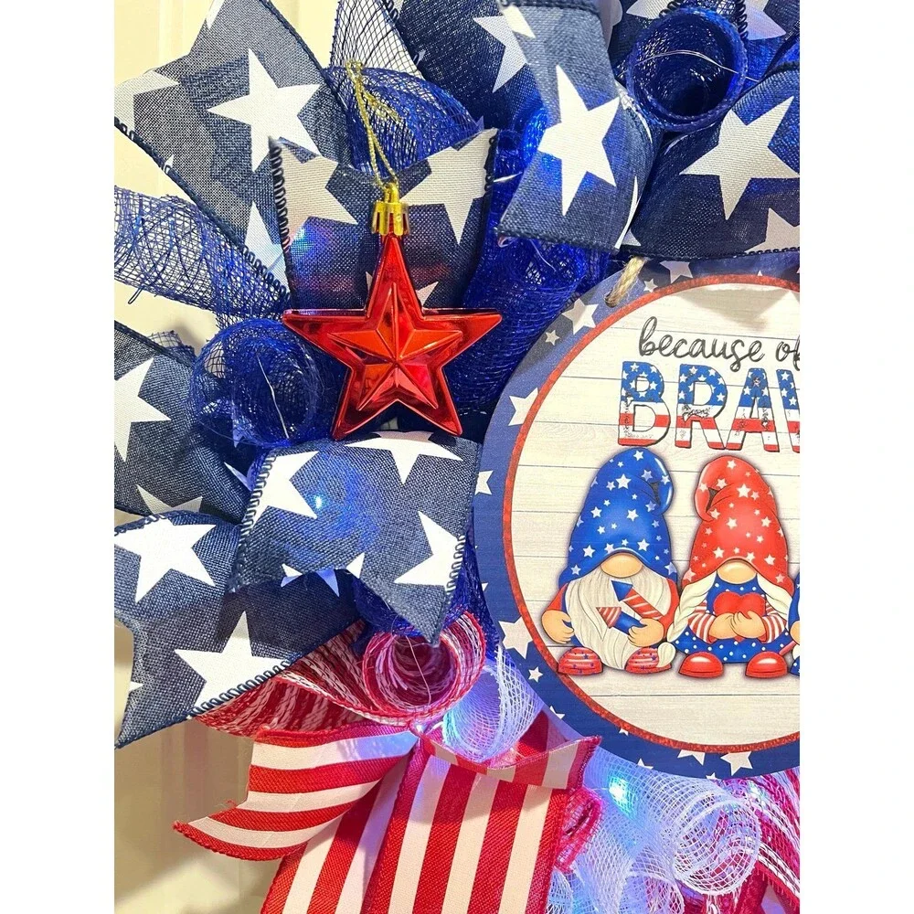 4th of July Handmade 22 in Wreath Patriotic Gnome LED Lighted #W5